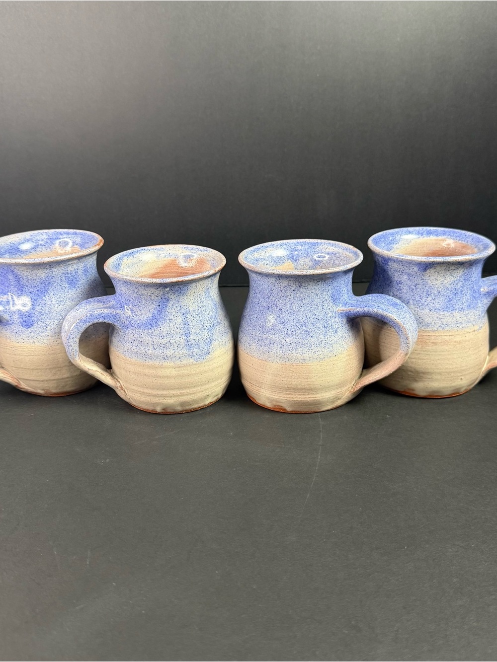 Vintage Handmade Ceramic Coffee Mugs in Blue and Cream - Set of 4